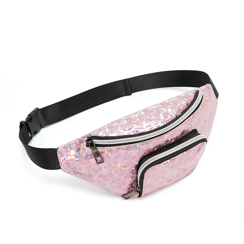 New wholesale laser belt bag holographic waist bag pink pu fanny pack Silver hip bag Chest Phone Pouch sac banane - Цвет: Bright pink