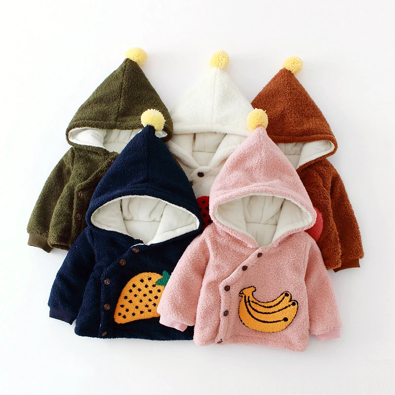  Children Warm Plus velvet Thicken Winter Baby Girls boys Kids Fruit towel embroidery Hooded Jackets