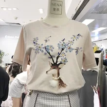 Весна Лето короткий рукав хлопок футболка бисер цветы Мода олень животное Принт женские топы