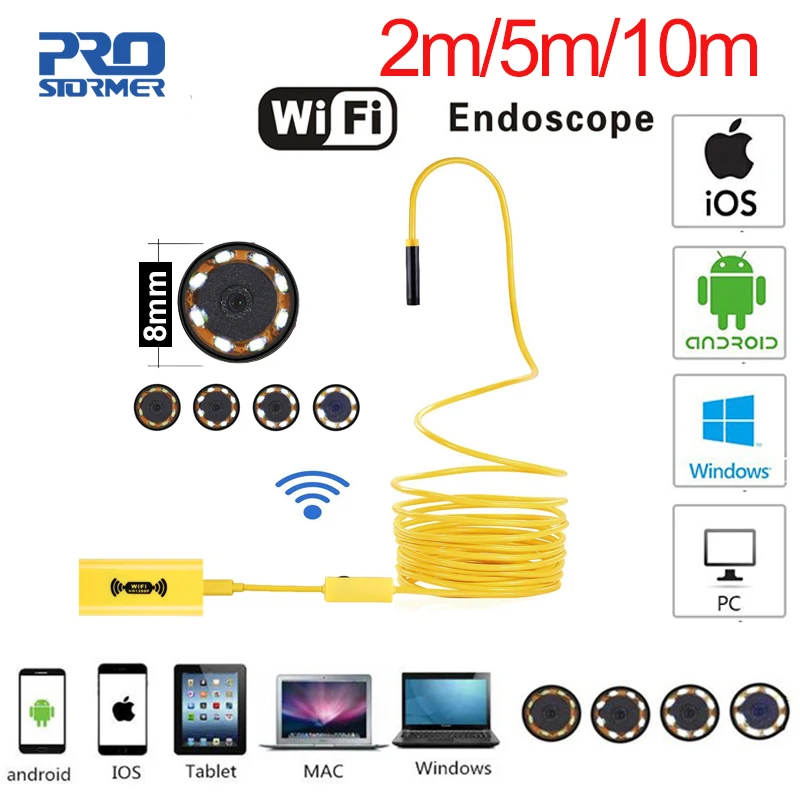 

PROSTORMER wifi Endoscope Camera 1200P Yellow HardWire Borescope 8mm 8 LED Waterproof Endoscopic Android ios Inspection Camera 1
