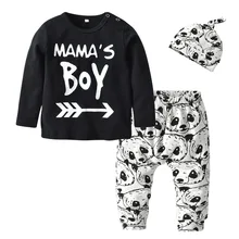 3 предмета, Одежда для новорожденных мальчиков, комплект одежды, хлопковая футболка с длинными рукавами для мамы и мальчика топы с рисунками, брюки с пандой и шапочка, Одежда для младенцев