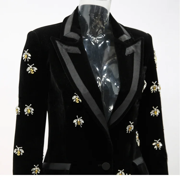 Gold velvet blazer woman spring Autumn 2019 new animal Beading  Casual Long Sleeve blazer office Elegant black long blazer women