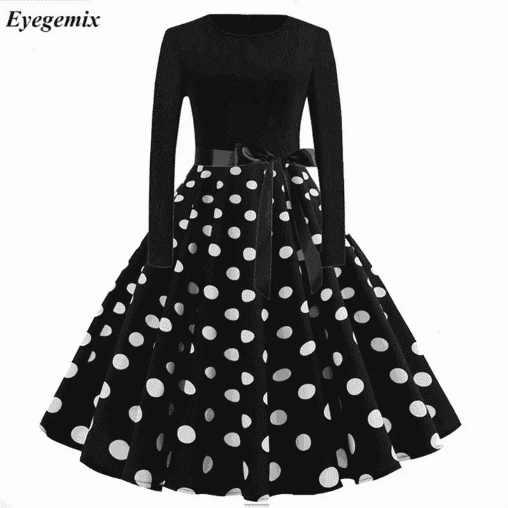 

Fashion Winter Women Dress 50 S 60 S Vintage Longarm O Neck Dot Print Party Prom Swing Dress Women Elegant Party Clothes