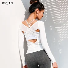 Women Open Back Yoga Top Shirts White Mesh Cross Back Sport Shirt Long Sleeve Backless Yoga Fitness Workout Gym Running T-Shirts dolman sleeve twist open back t shirt