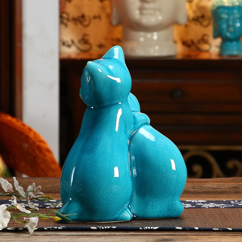 Трещина глазурованная фарфоровая скульптура для любителей кошек декоративная керамика Фигурка в виде кошечки, пары домашних животных талисман подарок и ремесло орнамент