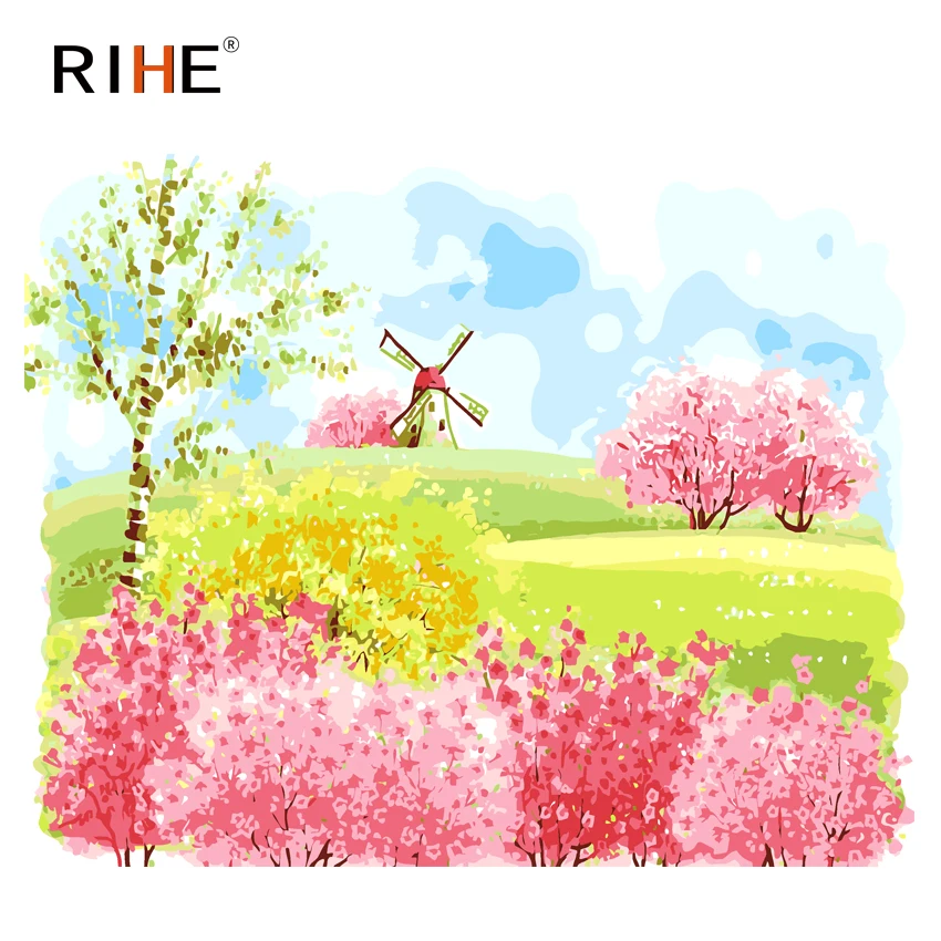 

RIHE Grassland Diy Painting By Numbers Windmill Oil Painting On Canvas Hand Painted Cuadros Decoracion Acrylic Paint Home Decor