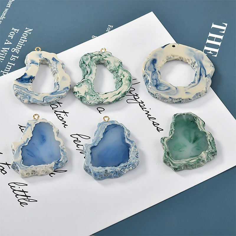 

Blue-green halo-dyed rock textured oval-shaped ins wind resin DIY handmade earrings accessories material accessories