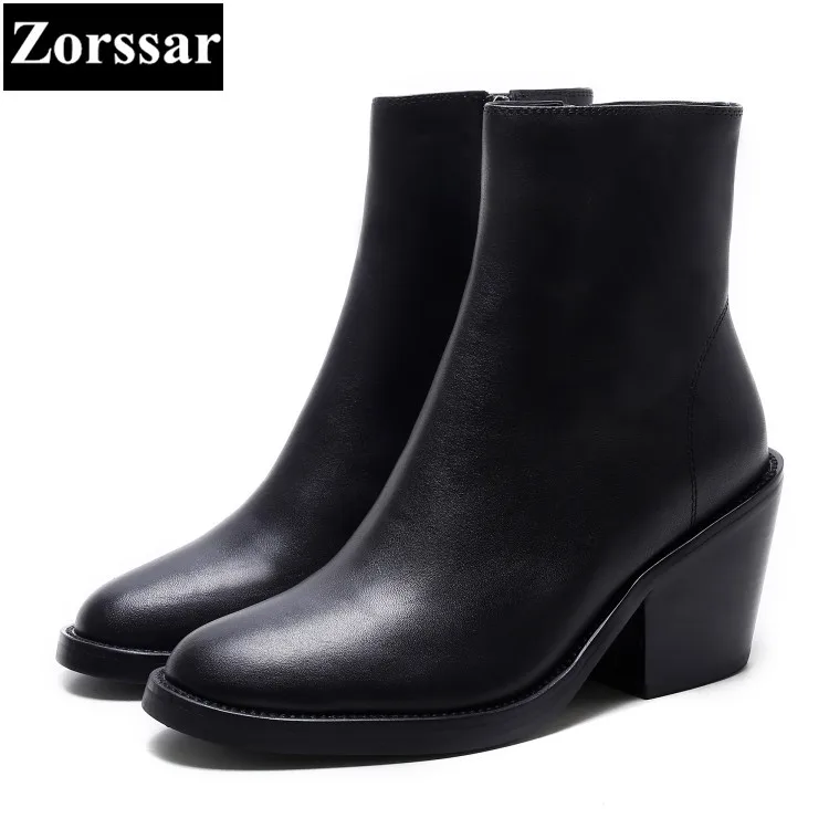 

{Zorssar} 2018 NEW fashion women Riding boots Genuine leather Round Toe High heels womens ankle boots Autumn winter women shoes
