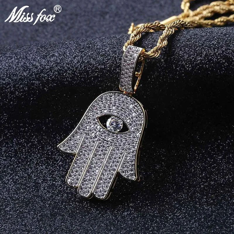 

MISSFOX Hip Hop Hamsa Evil Eye In Hand Long Pendant 24K Gold Plated AAA Cubic Zirconia Fashion Jewelry Long Necklaces Pendants