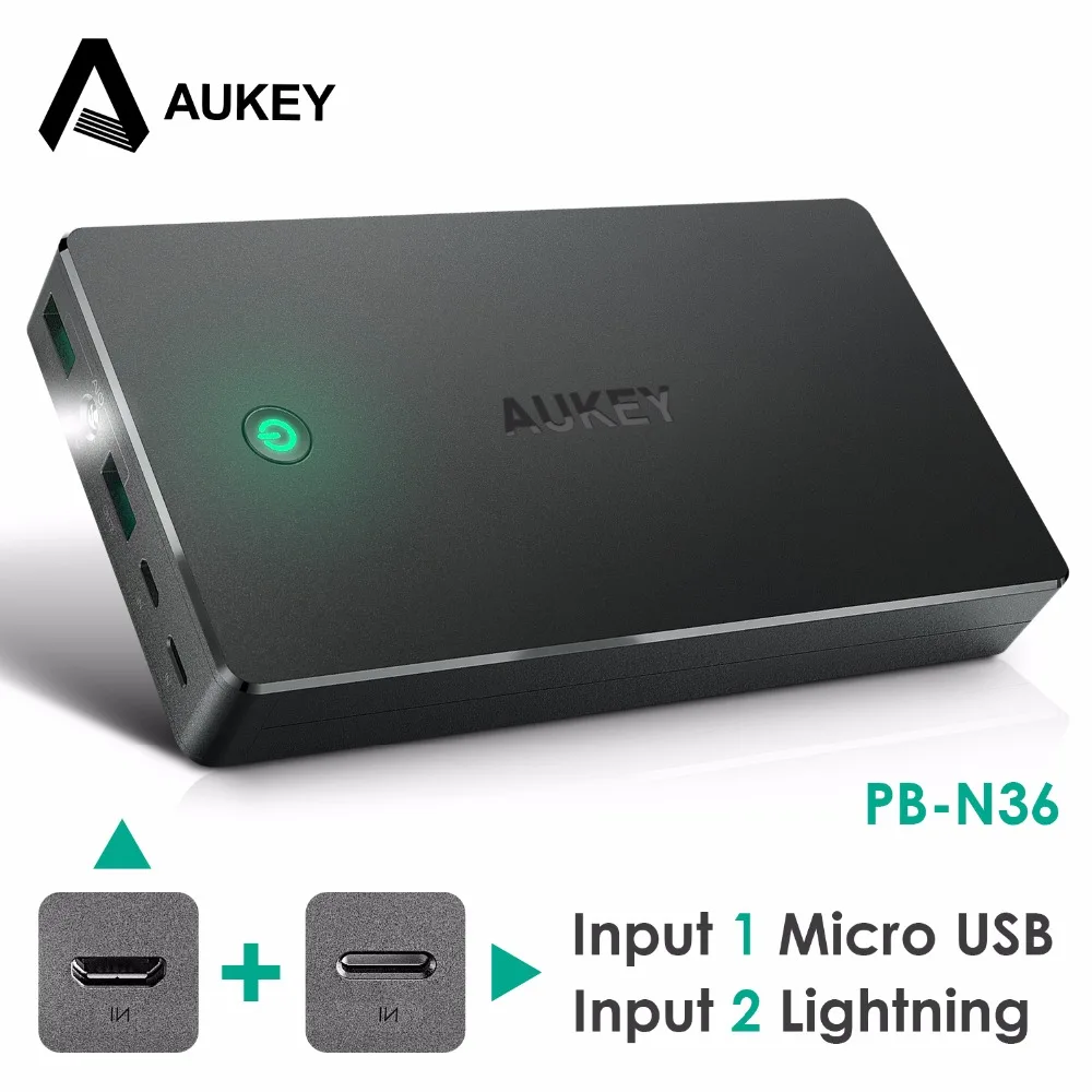 Aukey 20000mAh Portable Charger External Battery Power Bank Smart Charging Lightning Input Micro Input 2 4A