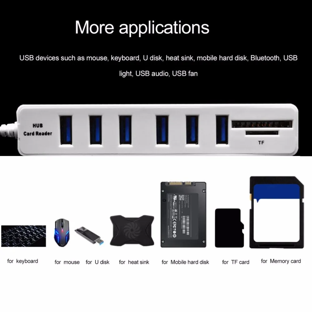 USB 2.0 Hub 6 Ports High Speed 480 Mbps TF/SD Card Reader USB Splitter For PC Laptop Computer Peripherals Accessories USB 2.0 Hub 6 Ports High Speed 480 Mbps TF/SD Card Reader USB Splitter For PC Laptop Computer Peripherals Accessories
