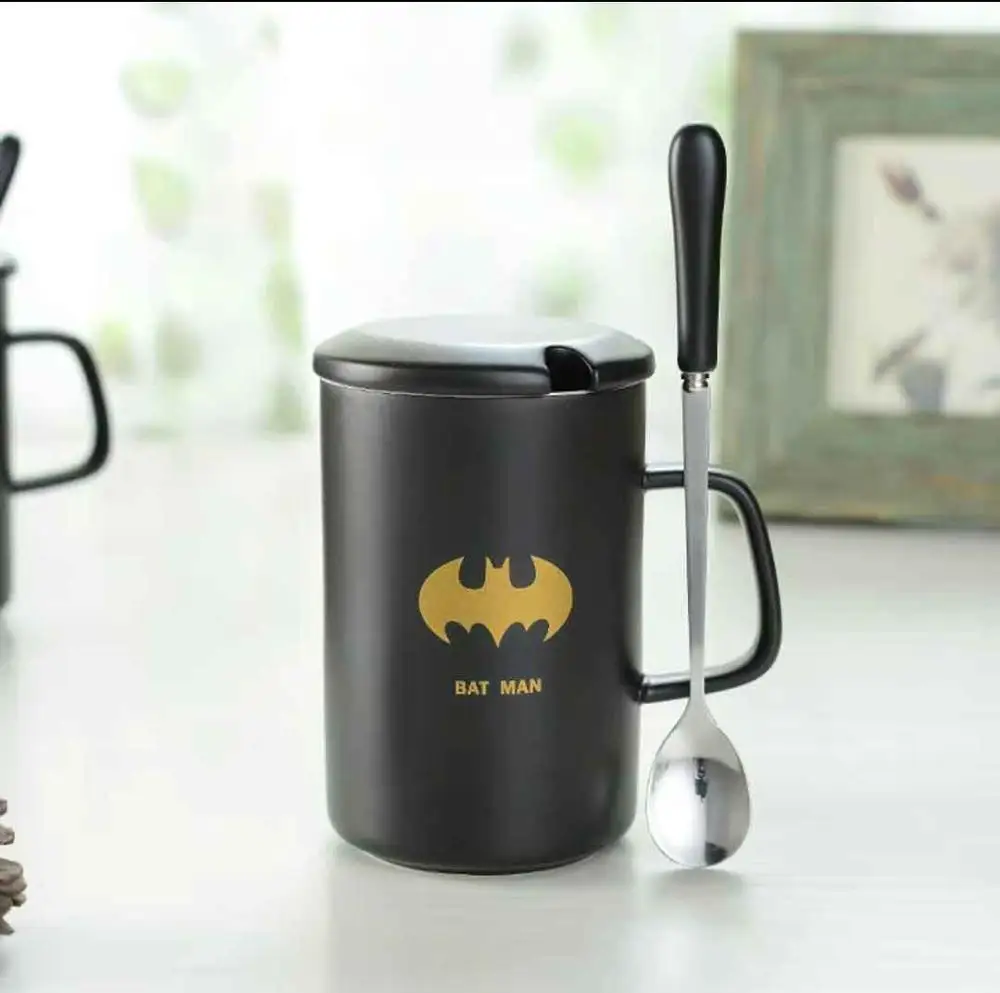 Супергерой керамическая кружка Бэтмен Капитан Супермен железный человек паук чашки с крышкой Ложка кофейные кружки практичный подарок - Цвет: Bat man