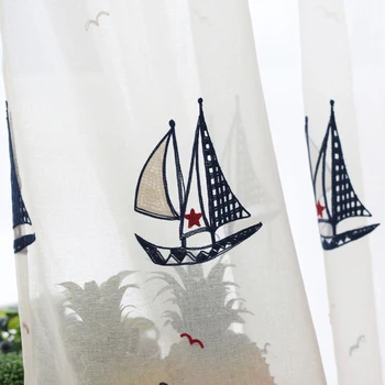 

Mediterranean Kids Room Sheer Curtains White Embroidered Tulle Blue Sailboat Design Door Window Screening Boy's Bedroom WP225-30