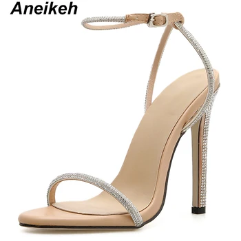 

Aneikeh Summer 2019 Concise PU Women Heeled Sandals Ankle Buckle Strap Thin High Heels Round Toe Party Apricot Black Size 35-40