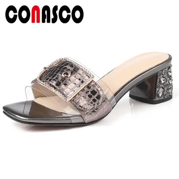 

CONASCO Summer Prom Dress Women Pumps Genuine Leather Fashion High Heels Colorful Rhinestine Buckle Sandals Rome Shoes Woman