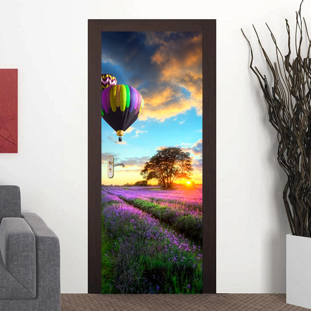 

3D Decor Landscape Hot- Air-Balloon Door Stickers Wallpaper Waterproof Door Self Adhesive Wall Decals Living Room Home Decor