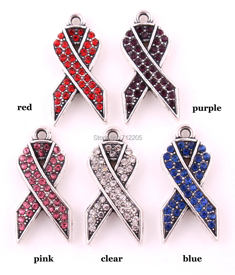 

For Breast Cancer Awareness Events 10pcs Antique silver plated zinc studded with sparkling Crystals Awareness Ribbon Pendant