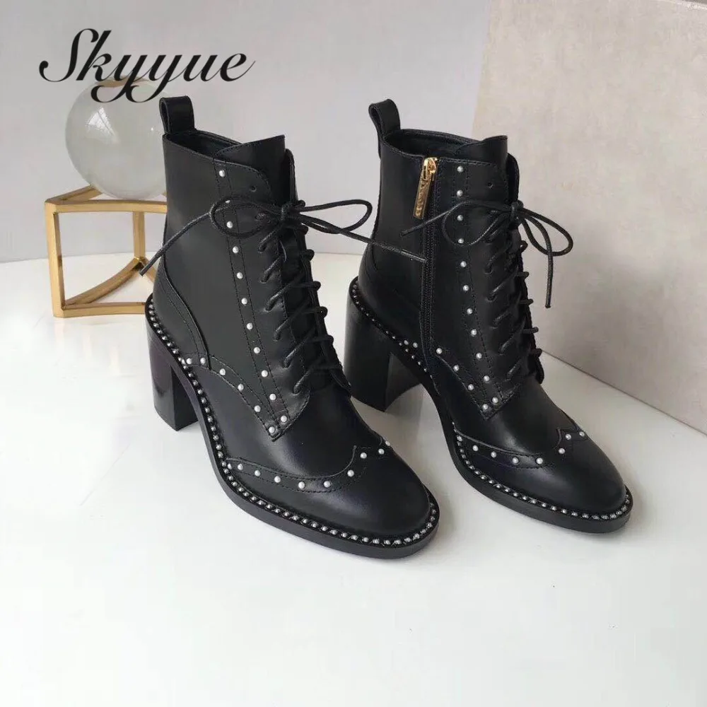 

SKYYUE Top Quality Geneuine Leather Gladiator Lace Up Women Boots Pearl Beading Thick Heel Women Boots Shoes Women