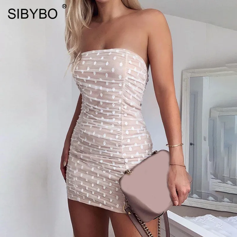 

Sibybo Polka Dot Print Strapless Summer Mini Dress Off Shoulder Sheath Sexy Bodycon Dress Mesh Backless Club Party Dress Short