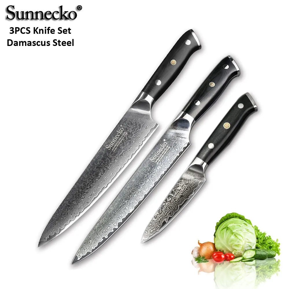 SUNNECKO 3 шт. слайсер для очистки овощей нож шеф-повара набор кухонных ножей японский Дамаск VG10 стали бритвы острые G10 Ручка режущие ножи - Цвет: 3PCS