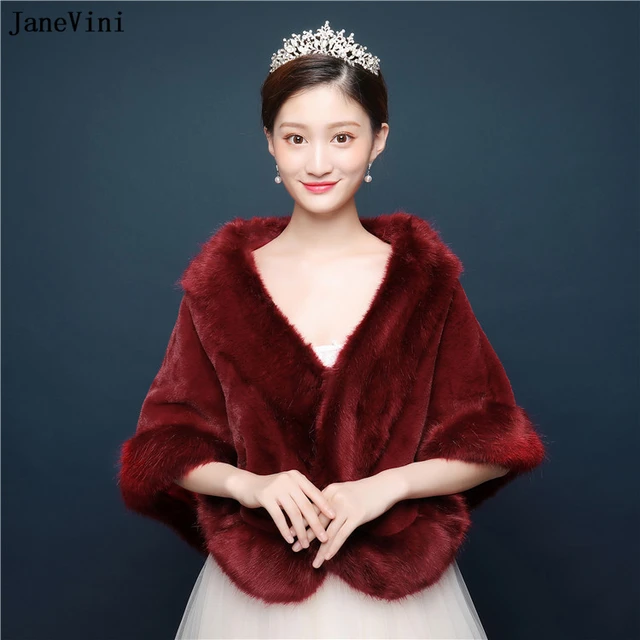 Best Product JaneVini 2019 Burgundy Winter Faux Fur Bridal Wraps Wedding Cloak Bride Coat Shawls Jackets Women Warm Stoles Bolero De Mariage
