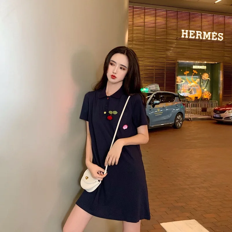 

2019 summer new fashion solid thin women dress short sleeve peter pan Collar causal polo cherry ball summer dress