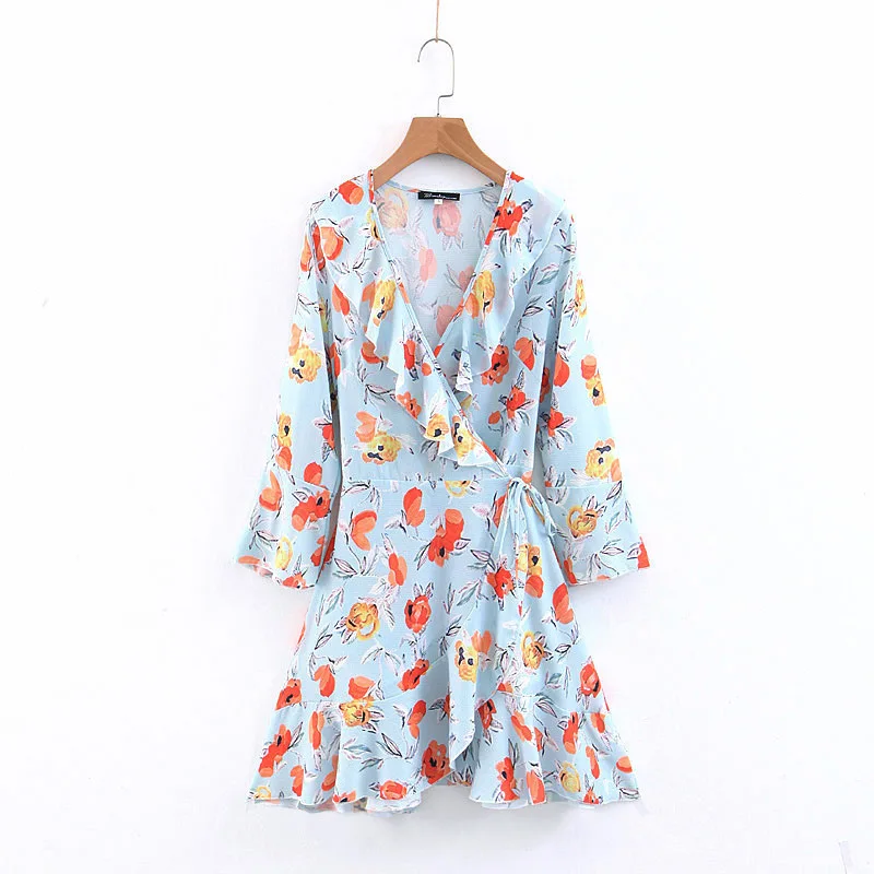 

H.SA 2019 New Women Summer Ruffles Dress Long Sleeve Sashes Ruffle Neck Pleated Knee Length Vestidos Floral Print Beach Dress