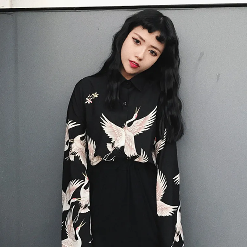 

Neploe 2019 Autumn Harajuku Blusas Vintage Chic Crane Printed Shirt Fashion Women Blouses Shirts Long Sleeve Loose Femme 37104