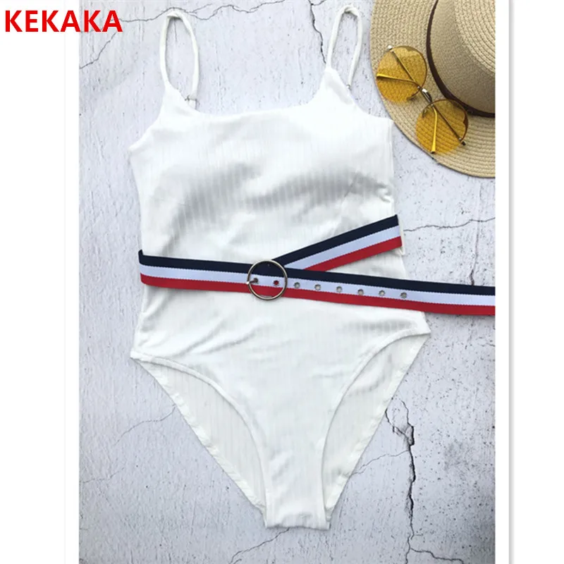 KEKAKA With Belt 2018 Summer Solid White Padded One Piece Swimsuit