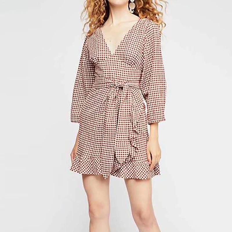 Plaid Vintage V-neck Waisted Women Three Quarter Sleeve Puff Sleeve A-line MIni Dress 2 Color Prairie Chic Plaid Mini Dress