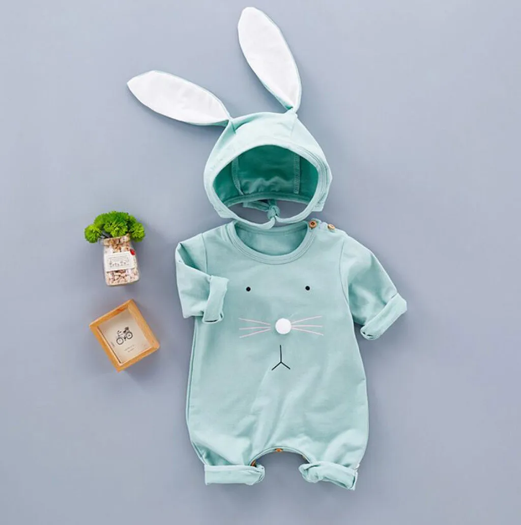 Autumn Baby Girls Boys Clothes Newborn Infant Toddler Cartoon Rabbit Romper+Ears Hat Costume Jumpsuit Suit Outfits Wholesale