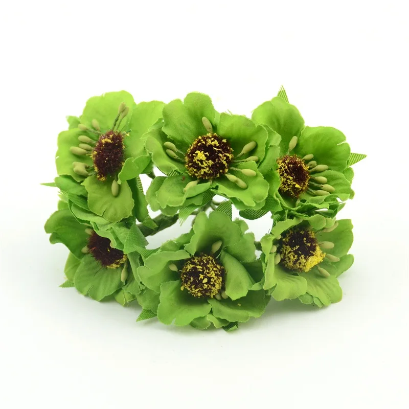6 шт./лот, 4 см, натуральный шелк+ искусственный Маковый букет/Свадебная коробка, цветы розы для скрапбукинга своими руками - Цвет: Green