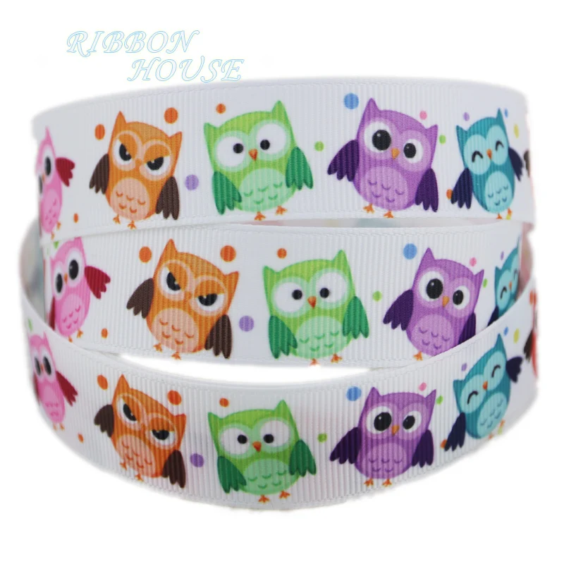 7/8" (22mm) printed grosgrain Owl ribbon colored white ribbon