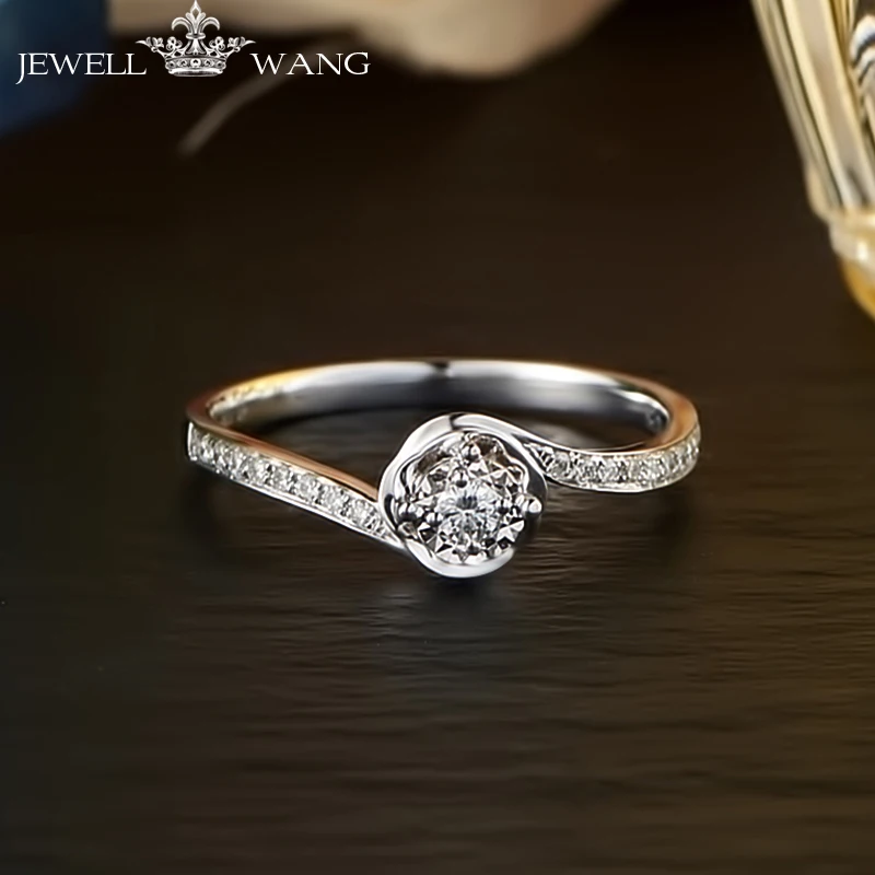 JEWELLWANG 18K White Gold Diamond Rings for Women Round Romantic 0.5CT Effect Certified Engagement Diamond Luxury Rings Brands