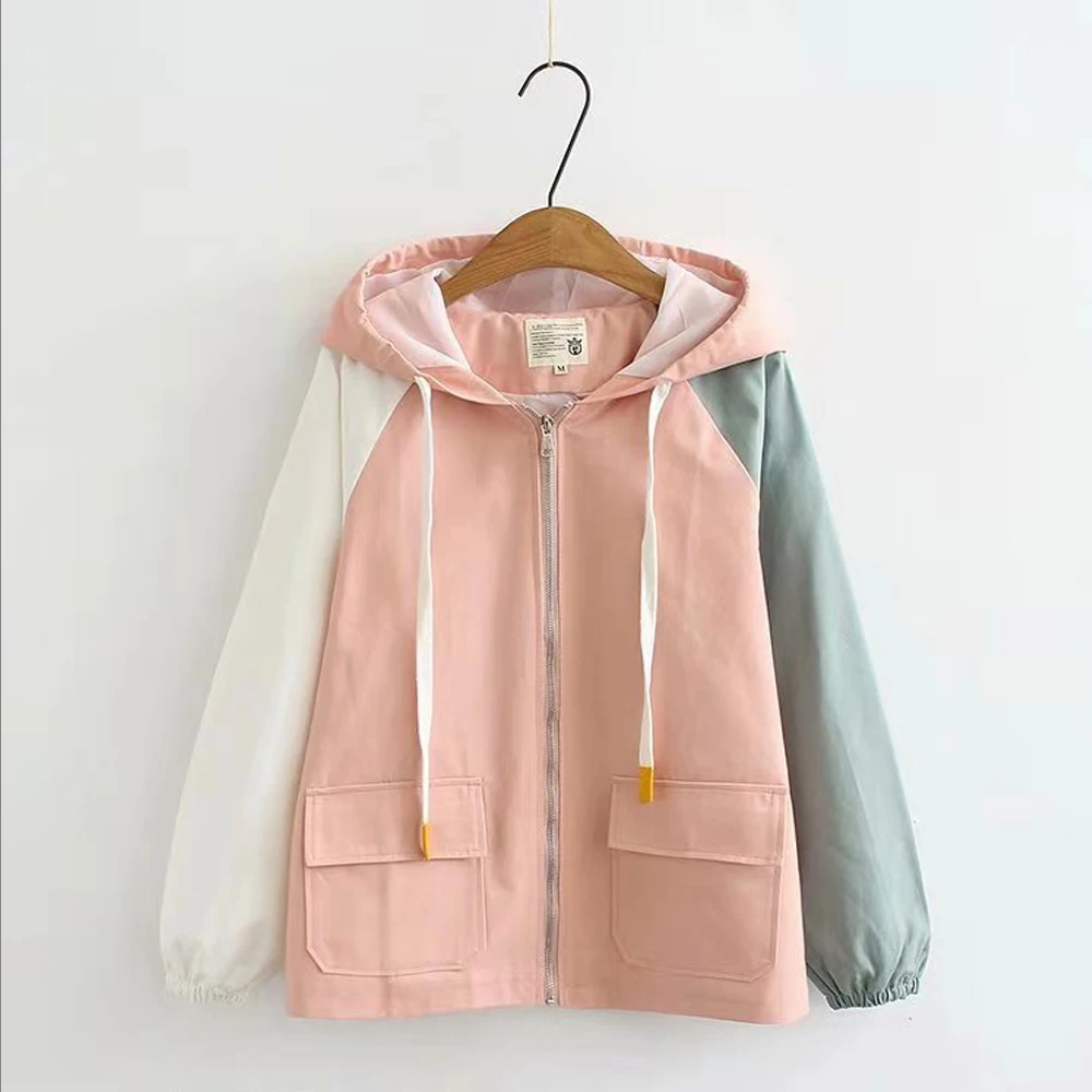 Reglan Sleeve Hit Color Jacket Pocket Zip Hooded Jacket Female Windbreaker Women Coat Fashion Casual Harajuku Bomber Jacket