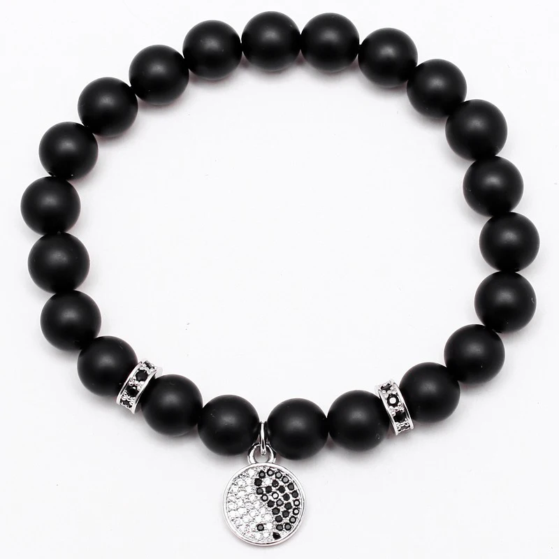 Mcllroy Taiji Charms Luxury Men Bracelet CZ Paved Two Stoppers Yin Yang Pendant Charm Bracelet 8MM Black Beads Bangles