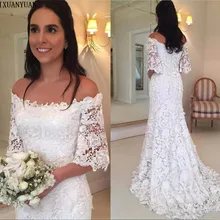 Винтаж кружева Свадебные платья Русалочки страна с рукавами средней длины лодка вырез, свадебные платья развертки Шлейфы для свадебных платьев для детей; обувь под свадебное платье для невесты