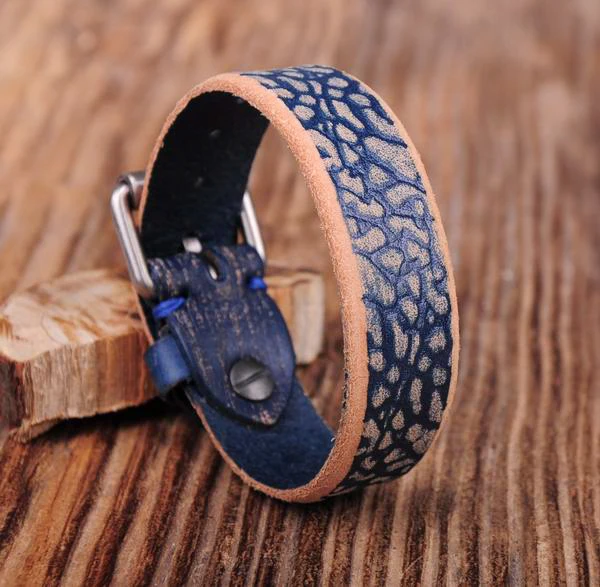 

G362 Blue Stylish Vintage Textured Leather Wrap Wristband Bracelet Cuff Men's New