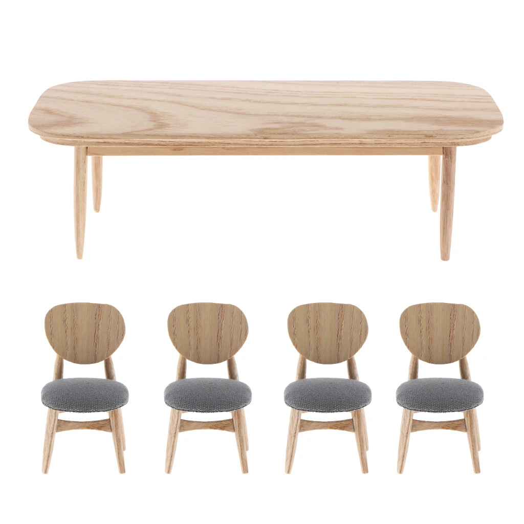 1/12 Scale Dollhouse Miniature Furniture, Wooden Rectangular Coffee Tea Table + 4pcs Chairs