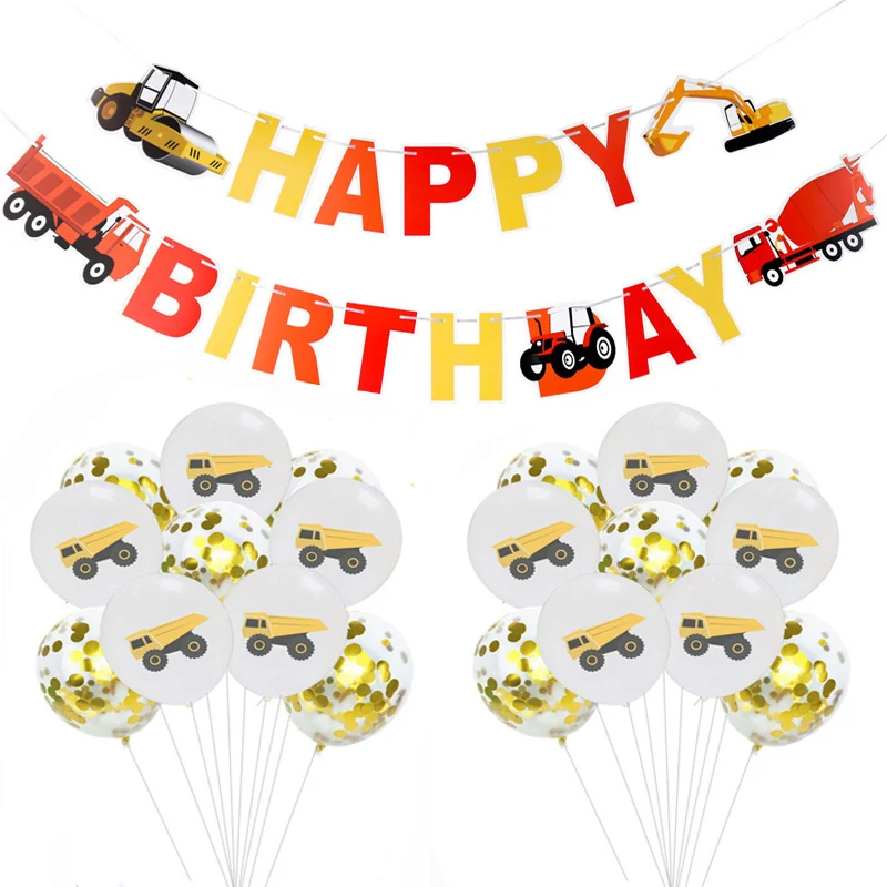 Construction Party Vehicle Tractor Theme Happy Birthday Banner Excavator Truck Latex Balloon Kids Cars Birthday Party Decoration