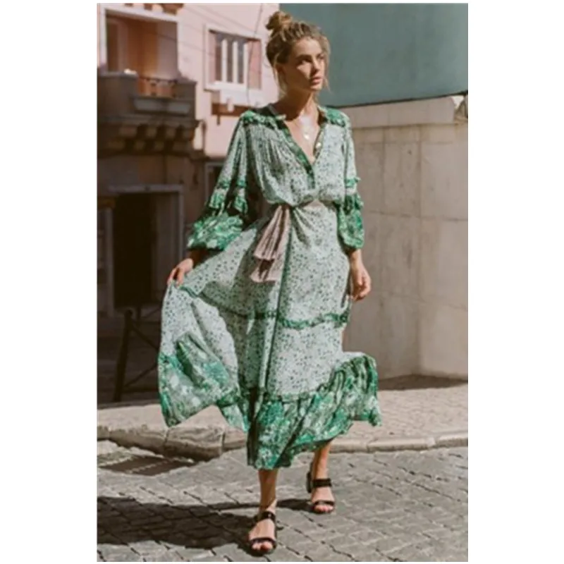 

2018 New Boho Women Maxi Dresses Navy V Neck Long Sleeve Womens Elegant With Floral Long Party Dress