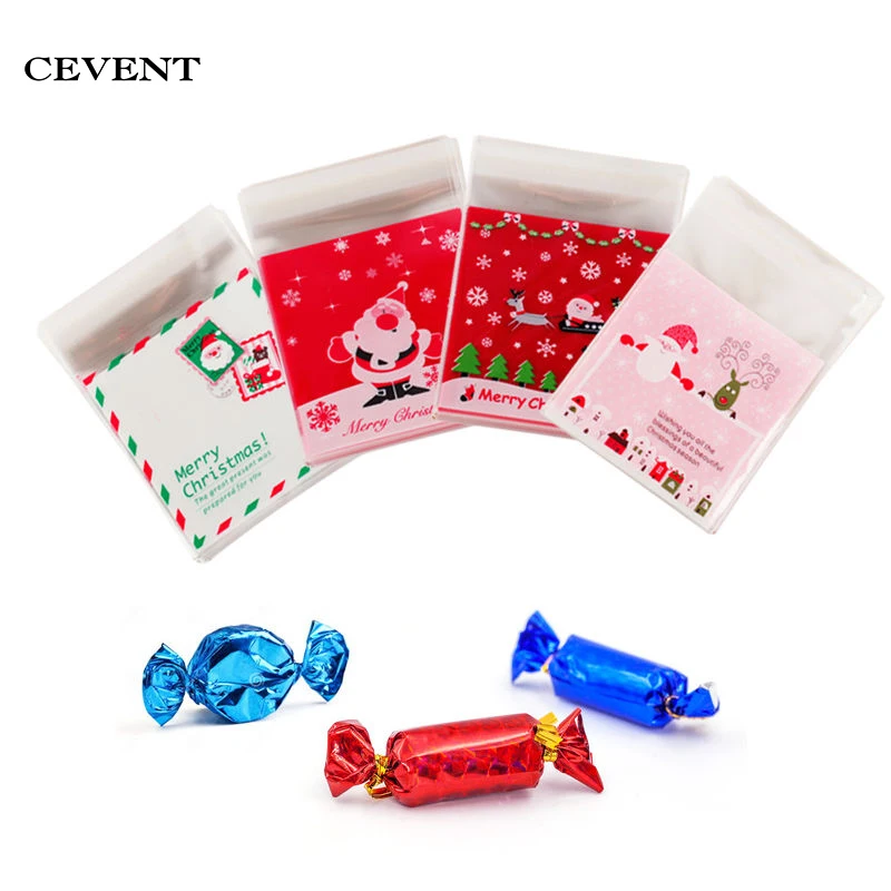 

CEVENT 100pcs/Set Christmas self-adhesive Candy Bags 4 Types Santa Claus Snowman Gifts Cookie packaging bags for Xmas Decoration