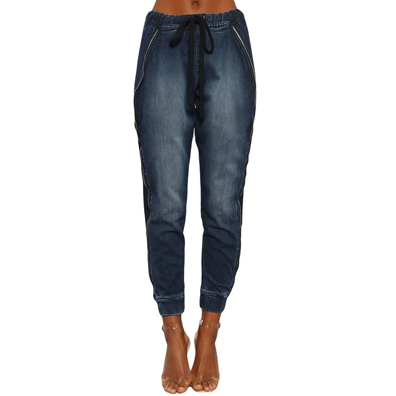 Для женщин осенние модные свободные ботильоны Длина Карандаш Брюки Medium Blue Wash эластичный пояс джинсовые штаны