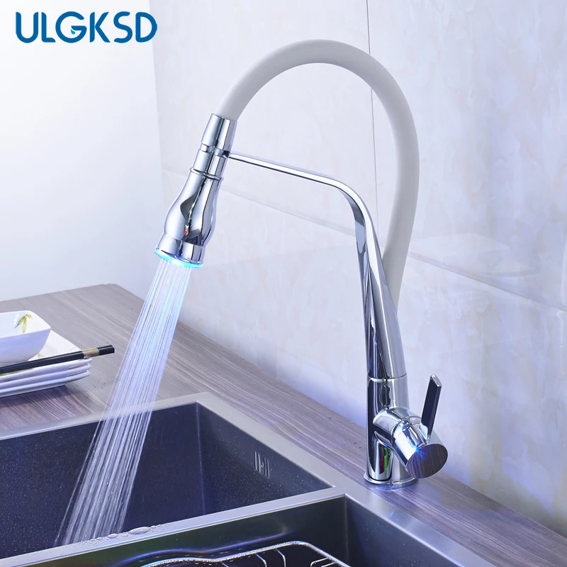 

ULGKSD Kitchen Sink Faucet White LED Sprayer Nozzle Single Handle Deck Mounted Hot and Cold Mixer Tap