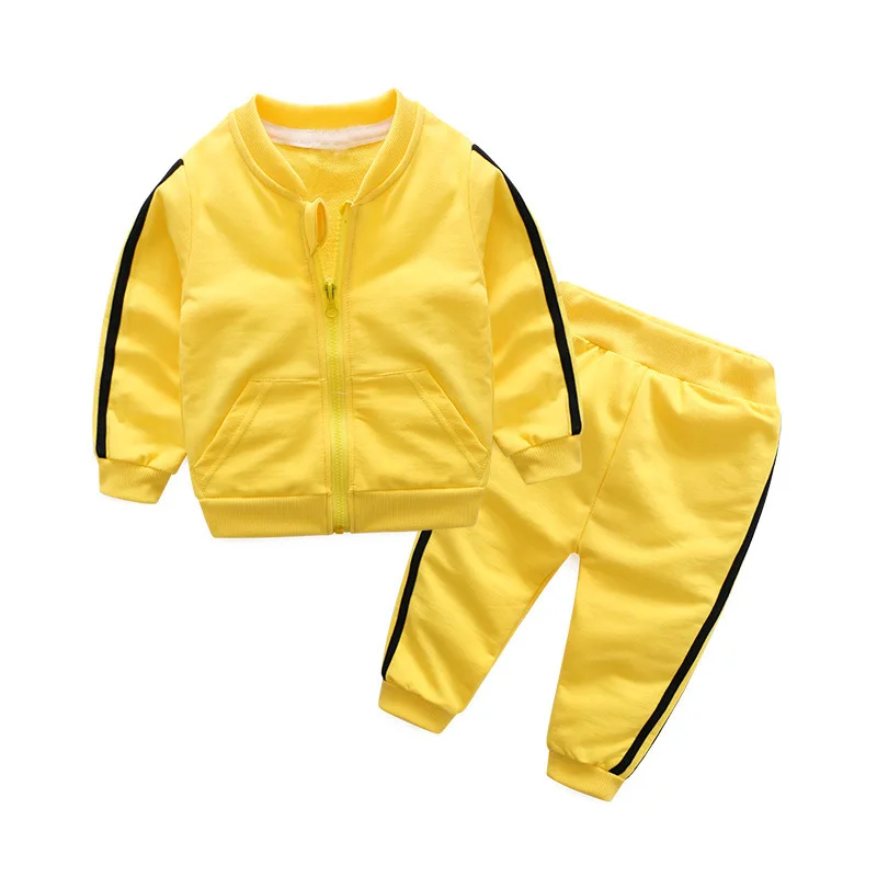 Весенняя одежда для новорожденных девочек хлопковая однотонная куртка на молнии+ штаны спортивный костюм из 2 предметов комплект одежды для маленьких мальчиков
