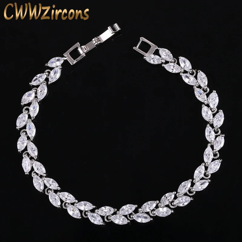 CWWZircons New Trendy 2019 Cubic Zirconia Jewelry Silver Color Leaf Charm CZ Crystal Female Bracelets Bangles For Women CB060