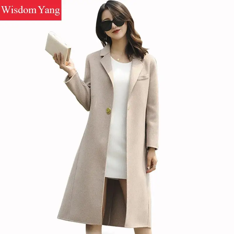 Elegant Beige Women Wool Coats Trench Woman Winter Warm