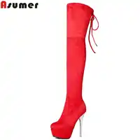 Asumerแฟชั่นaurumnฤดูหนาวผู้หญิงบู๊ทสีดำสีแดงสีเทาสุภาพสตรีรองเท้าแพลตฟอร์มข้ามผูกซูเปอร์สูงกว่าเข่าบู๊ทส์