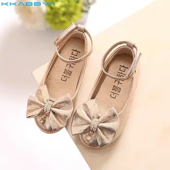 

Children Princess Shoes Pink /Gold/Silvers Band Soft Sole PU Leather Fashion Bowknot Rhinestone Flower Girls Dress Shoes