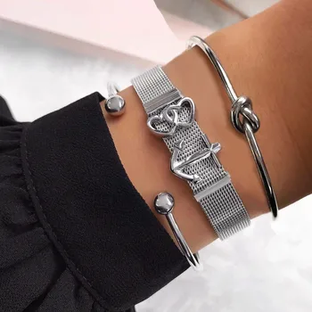 

Mavis Hare Silver Color Strap Bracelet with Double Heart anchor Slide Charms and Ball Cuff Bangle & Knot Bracelet mixed 4 style